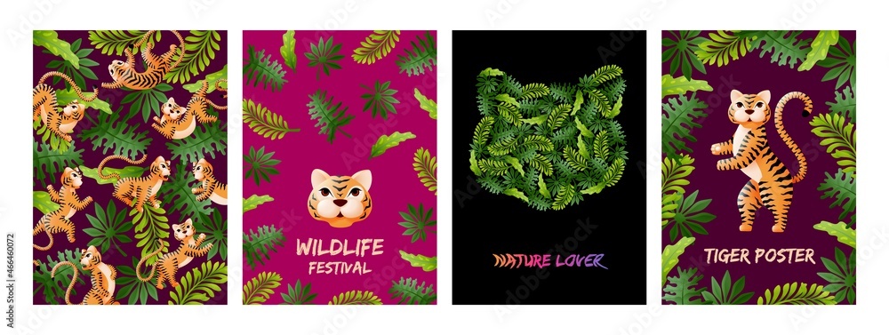Tiger posters. Flower nature banners, tigers african wild and palm leaves. Jungle thailand, safari cards. Asian new year symbol swanky vector set