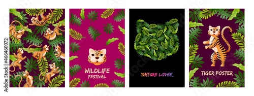 Tiger posters. Flower nature banners, tigers african wild and palm leaves. Jungle thailand, safari cards. Asian new year symbol swanky vector set
