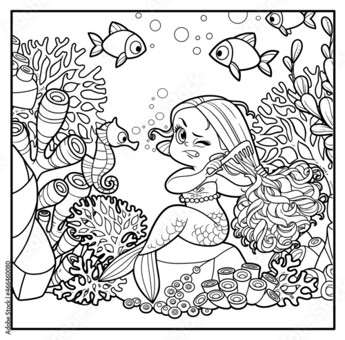 Cute little mermaid girl sitting on a stone and combing tangled hair with a comb outlined for coloring page isolated on white background