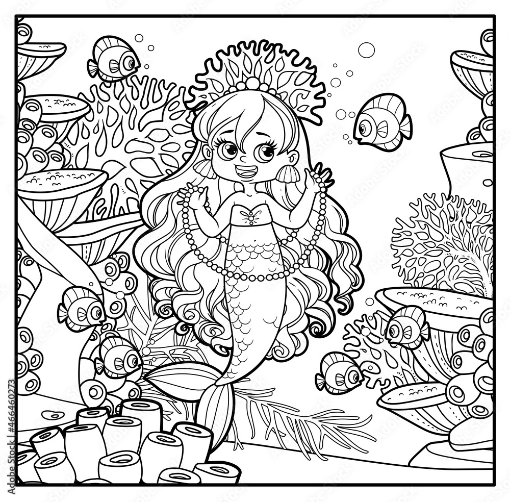 Cute little mermaid girl in coral tiara shows a long pearl necklace to a fish outlined for coloring page on seabed with corals and algae background