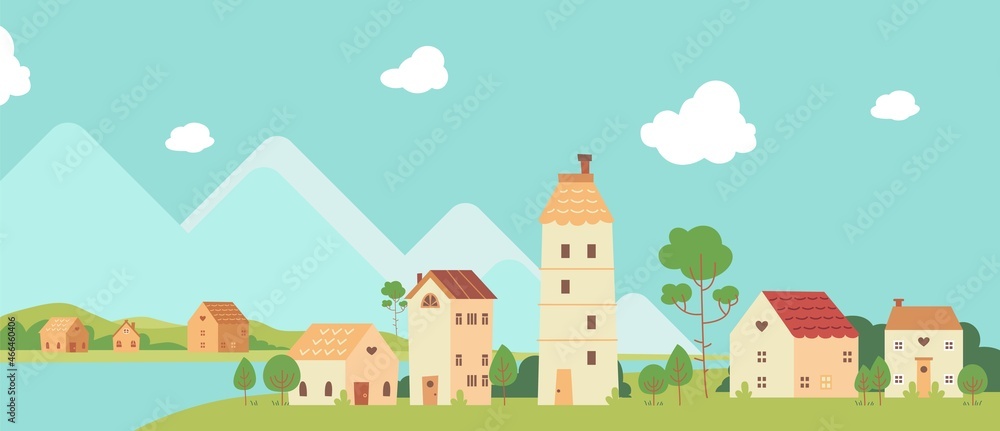 Simple landscape with buildings. Minimal houses style, cartoon residence or village in mountains. Tiny buildings on lake classy vector background