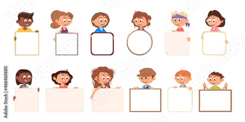 Children holding placards. Kids hold cards, youngs characters with blank poster boards. Cute funny boys girls, isolated students decent vector set