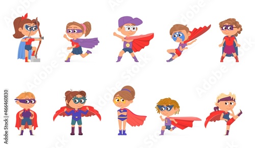 Superhero kids. Superheroes in cape, children group jumping and flying. Cartoon heroes, girl wear mask and costume decent vector characters