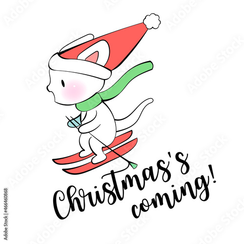 Christmas kawaii Cat skiing. Christmas is coming. Vector sticker for messenger