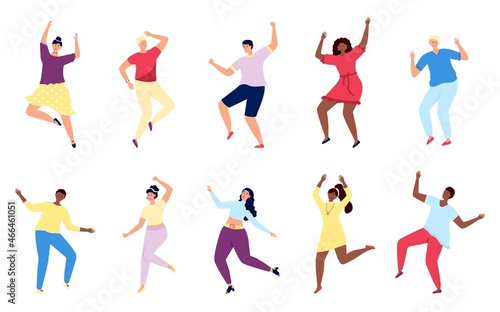 Happy dancing characters. Excitement girl and boy dance, isolated active flat people. Entertainment, party or festival, fun friends utter vector set