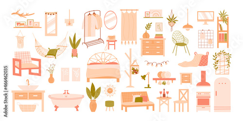 Collection of furniture and home decor in boho style. Vector flat illustration. Modern interior items: sofa, armchair, houseplant, lamp, shelf, bed, fridge, mirror, bath