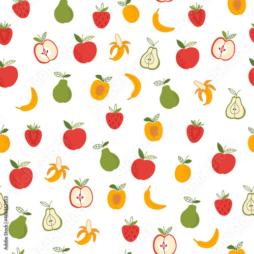 Seamless pattern with apples  pears  bananas  apricots  strawberries. Simple vector flat illustration with different fruits on a white background