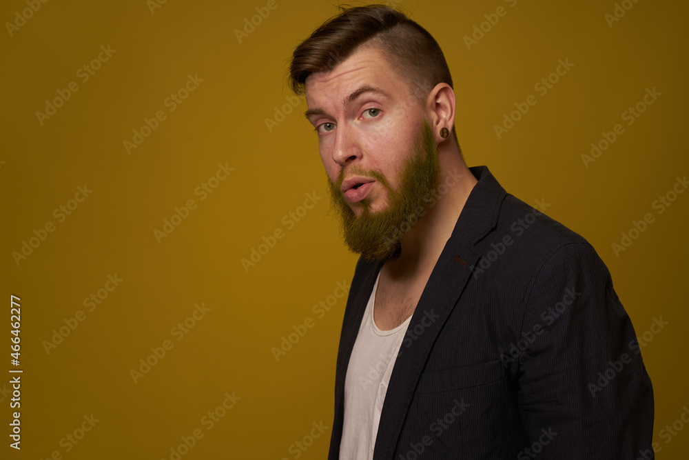 bearded man fashionable hairstyle jacket posing self confidence bearded man fashionable hairstyle jacket posing self confidence