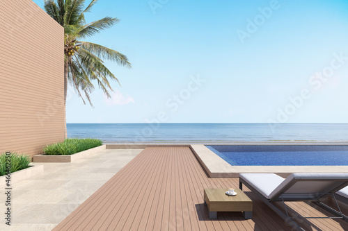 Luxury wooden terrace and swimming pool on sea view background. 3d illustration. © nuchao