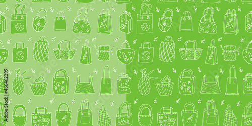 Seamless pattern eco bags. shopping bags pattern. doodle style. Pattern with reusable mesh bags,net bags, string bags.Concept recycling. Print for store flyers, shop background.eco-friendly materials