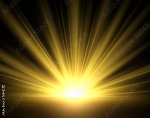 Golden glow of sun rays. Yellow light isolated on black background. Golden bright sunlight, transparent starburst, morning sunrise. Sunny weather backdrop vector realistic illustration