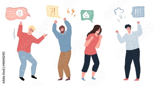 Set of vector cartoon flat characters in various aggressive moods,different emotions icons,persons and poses.Communication,anger management and social behavior concept,web site banner ad design