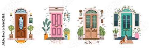 Front doors with exterior elements. House facade vintage gates, outdoor objects plants with cat, city birds and architectural parts, home exits vector cartoon flat isolated set