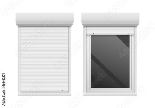 Rolling shutters. Roller blind windows metal frame. Open and closed jalousie mockup. Home safety and privacy. Glass protection louvers template. Vector plastic facade roll curtains set