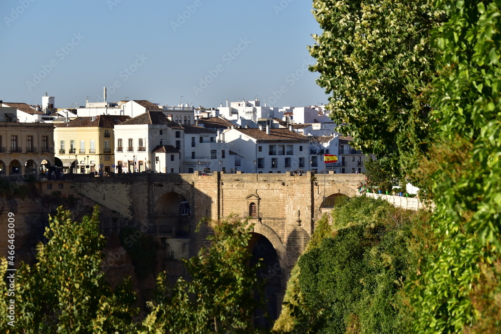 Landscape view of the New Bridge in the city of Ronda at sunset in the province of Malaga