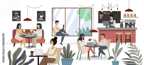 People eating at table in coffee shop. Cartoon vector character. Woman and man talking, drink coffee
