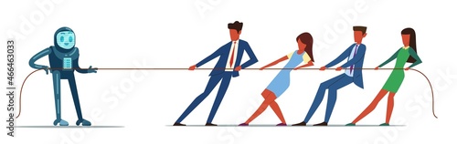 Fight against artificial intelligence. People and robot tug of war. Competition of modern machine and human teamwork. Rope game. Innovation technologies development. Vector concept