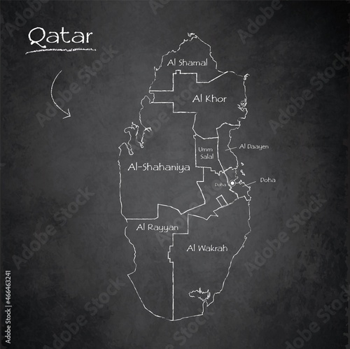 Qatar map, separates regions and names, design card blackboard, chalkboard vector