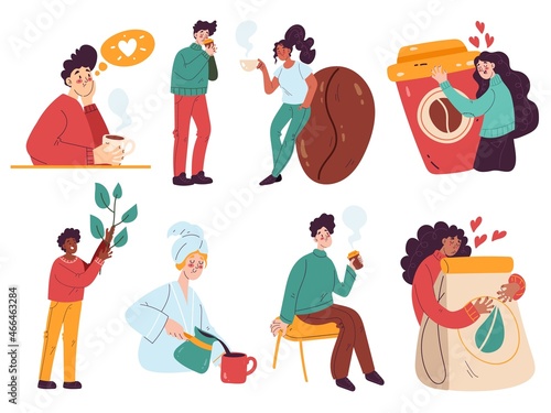 Hot drinks people. Tiny characters with tea and coffee products, warm beverages lovers, men and women relax with cups, cozy atmosphere, people in home or cafe vector cartoon isolated set