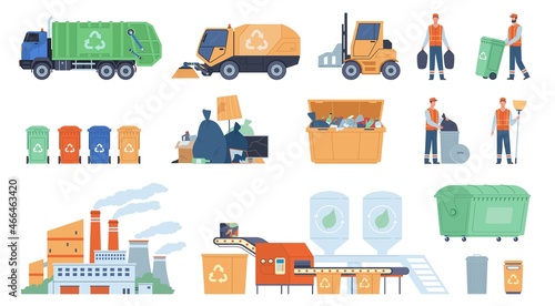 Garbage collecting service. Waste disposal, street dustbins, city dump, trash recycling and transportation, sorting conveyor, refuse and reuse industry, vector cartoon flat isolated set