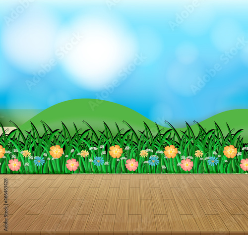 Nature background with flower field and green grass