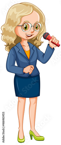 Female speaker with microphone on white background