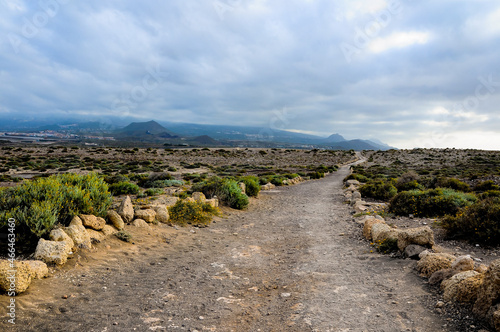 Road through a deserted arid area photo