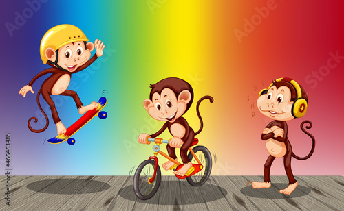 Monkeys doing different activities on rainbow gradient background