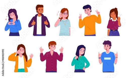 People with gestures. Young men and women depict different actions with signs, students nonverbal communication, positive and negative emotions, vector cartoon flat style isolated set photo