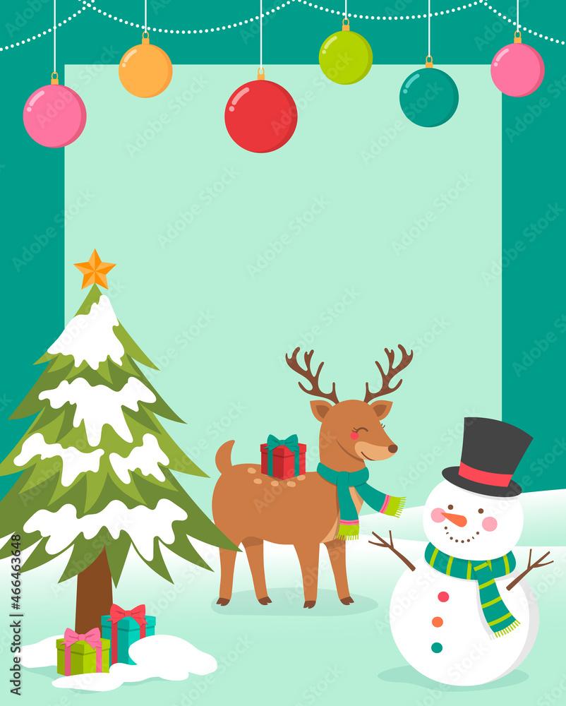 Fototapeta premium Cute cartoon snowman and reindeer illustration with copy space for christmas card.