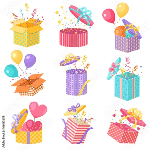 Open confetti boxes. Magic pleasant surprise box, opening gift package, flying colorful balloons, streamers and hearts, wrapped giftbox with ribbons, party present, vector cartoon set
