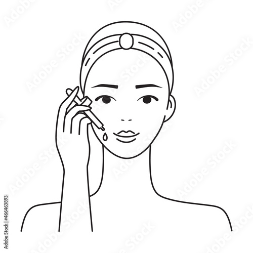 How to apply serum icon. Daily skincare routine. Anti-age, wrinkles treatment. Skin moisturizing. Vector illustration of woman taking care of her face. Visual instruction