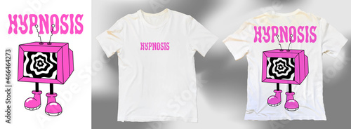 Cartoon TV with hypnosis. Stylish White T-shirt, Fashion Streetwear prints on clothes, in Acid Graphic style, Trending designs