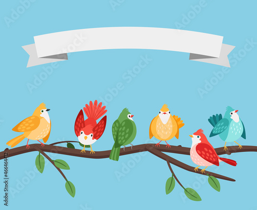 Birds on tree branch. Foliage branches bird set spring poster tenplate, robin canary sparrow tit goldfinch birdie on ramification children vector image