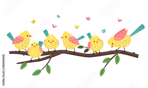 Birds and butterflies. Funny spring butterfly and yellow bird with pink wings set on garden green branch romance elegant cute design vector illustration