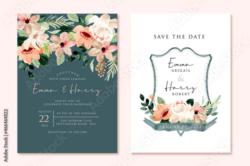 wedding invitation with green peach watercolor floral frame