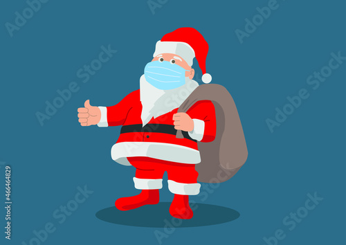 Illustration vectorielle représentant un père noël fun et drôle portant un masque pour se protéger du virus de la COVID 19 pendant la distribution des cadeaux.