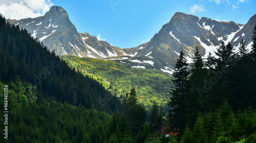 The sharp, craggy and snowed mountain peaks of Fagaras Mountains enlightened by sunlight seen beyond a green spruce forest. Spring season, Carpathia, Romania.