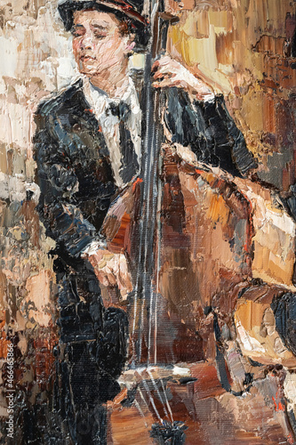 Canvas Print Man in hat plays double bass