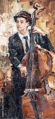 Canvas Print Man in hat plays double bass