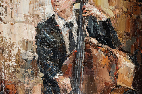 Fototapeta Naklejka Na Ścianę i Meble -  Man in hat plays double bass. Jazz band musician. Oil painting on canvas. Modern Art.