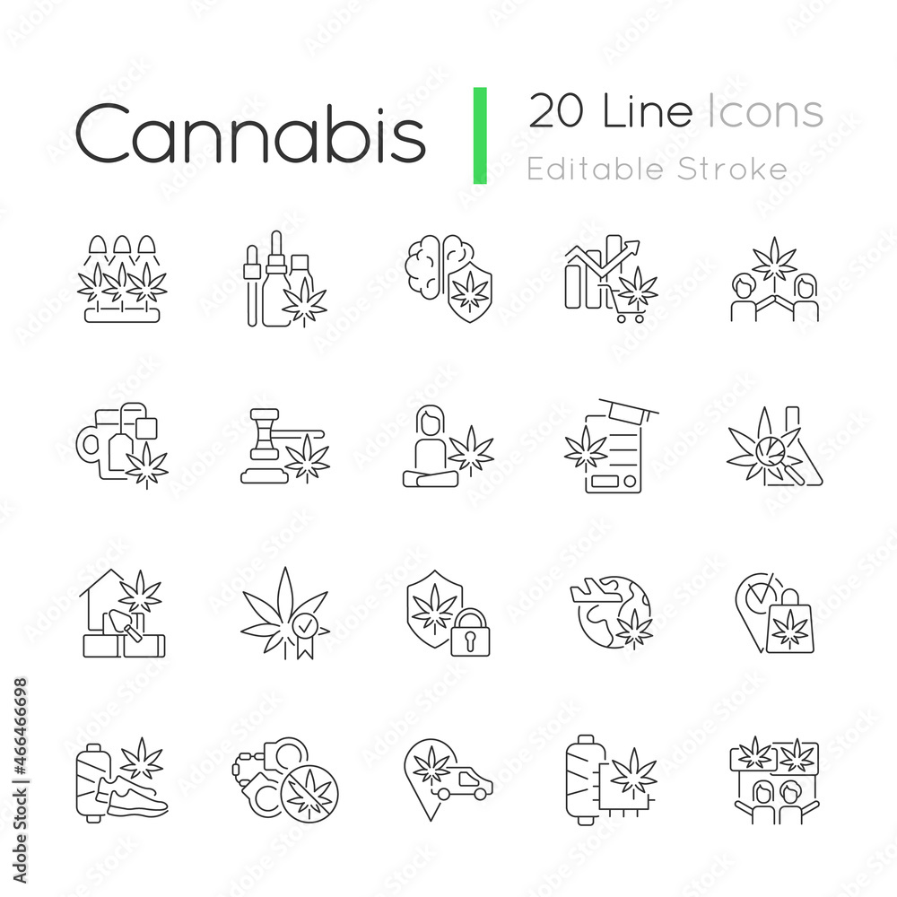 Cannabis in everyday life linear icons set. Marijuana cultivation. Legalizing hemp worldwide. Customizable thin line contour symbols. Isolated vector outline illustrations. Editable stroke Cannabis in everyday life linear icons set. Marijuana cultivation. Legalizing hemp worldwide. Customizable thin line contour symbols. Isolated vector outline illustrations. Editable stroke