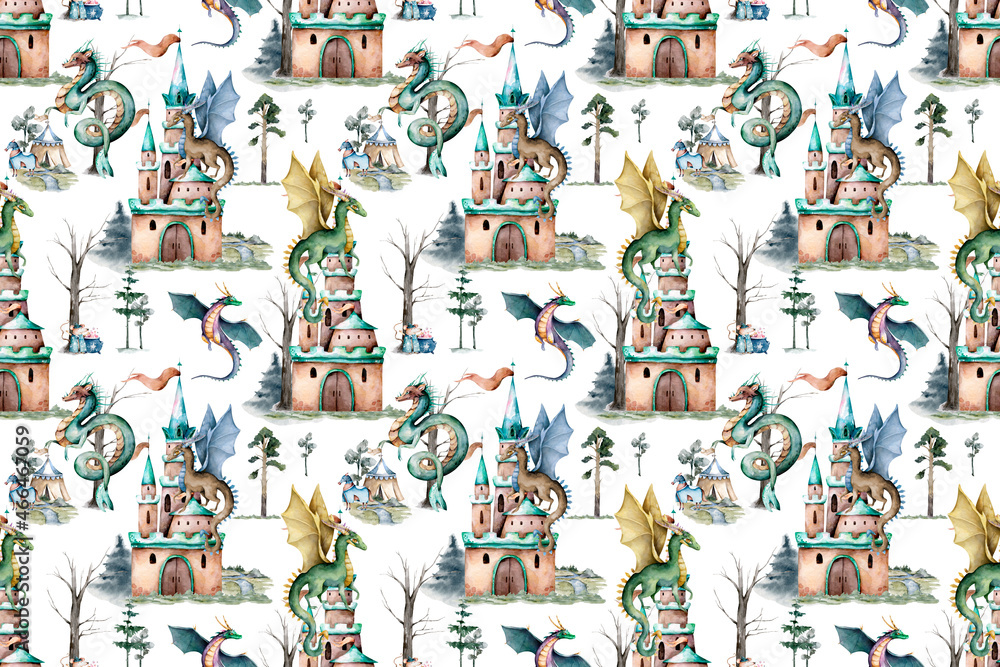 Cartoon Fairy tale castle and flying Dragons seamless pattern. Hand ...