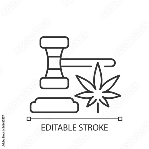 Cannabis legalization linear icon. Legal recreational use and sale. Marijuana legality. Thin line customizable illustration. Contour symbol. Vector isolated outline drawing. Editable stroke