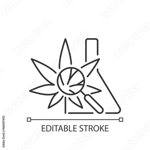 Medical cannabis research linear icon. Plant-based medicine evaluation. Herbal drug effects study. Thin line customizable illustration. Contour symbol. Vector isolated outline drawing. Editable stroke