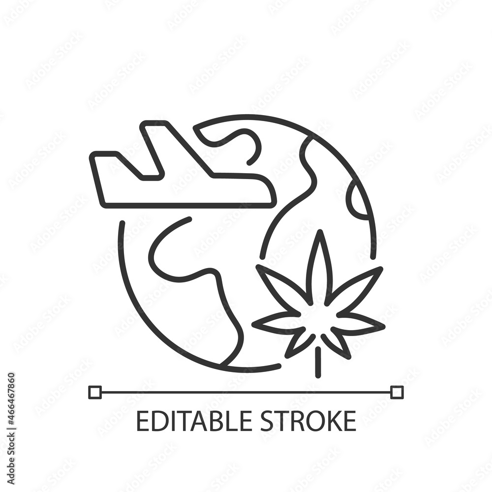 Cannabis tourism linear icon. Marijuana tours. Travel industry. Cannabis tourist attraction. Thin line customizable illustration. Contour symbol. Vector isolated outline drawing. Editable stroke Cannabis tourism linear icon. Marijuana tours. Travel industry. Cannabis tourist attraction. Thin line customizable illustration. Contour symbol. Vector isolated outline drawing. Editable stroke