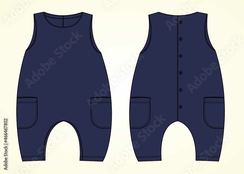 Sleeveless baby romper Overall technical fashion flat sketch drawing vector illustration template front and back view. Apparel Clothes design Navy color Mock up for baby girl. Kids Dress Design