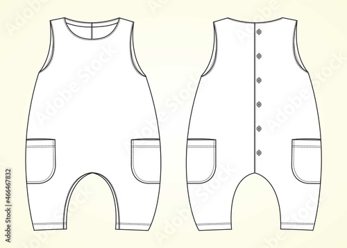 Sleeveless baby romper Overall technical fashion flat sketch drawing vector illustration template front and back view. Apparel Clothes design Mock up for baby girl. Kids Dress Design Easy editable.