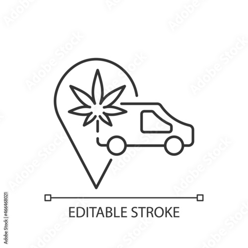 Cannabis transportation linear icon. Medical marijuana distribution. Shipping hemp-derived goods. Thin line customizable illustration. Contour symbol. Vector isolated outline drawing. Editable stroke