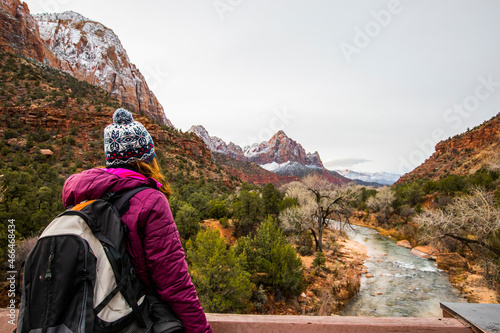 Girl contemplating the Zion National Park, United States of America